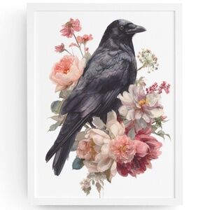 Watercolor Floral Black Crow Wall Art Print Unframed - Black Bird Illustration